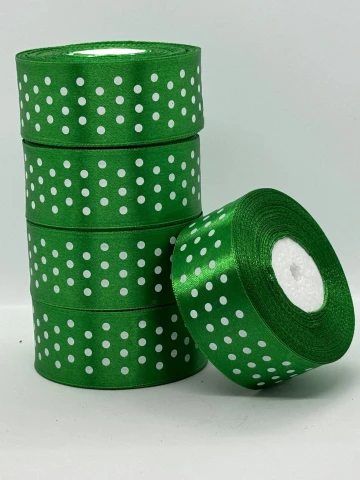 Атласна стрічка в горох 4 см (33 м.), 19 зелений + білий