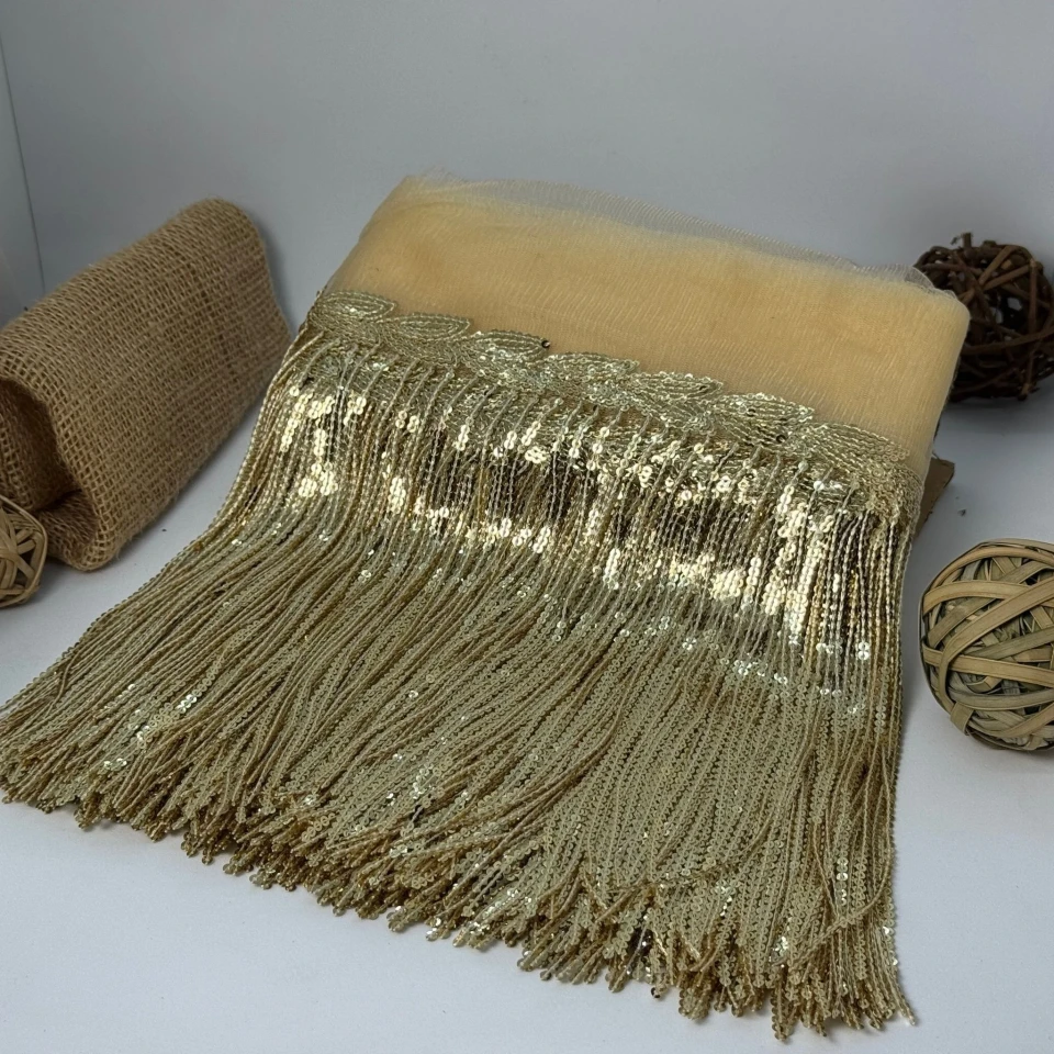 Бахрома танцювальна з паєткою на сітці «Іскри пристрасті» 20 см (9.1 метр), 5 світлий жовтий