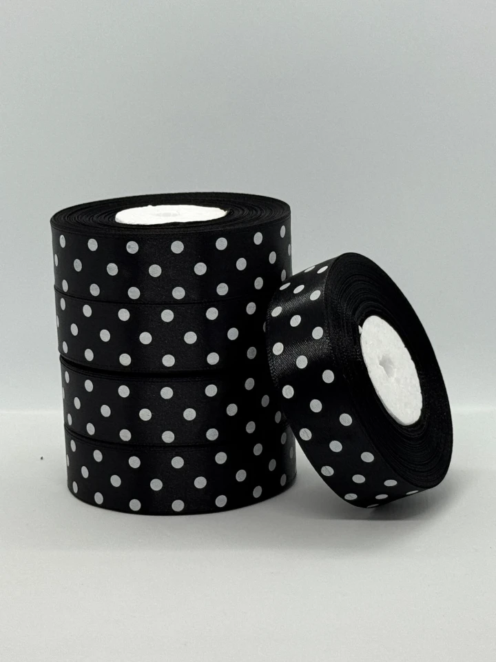Атласна стрічка в горох 2.5 см (33 м.), 39 чорний + білий