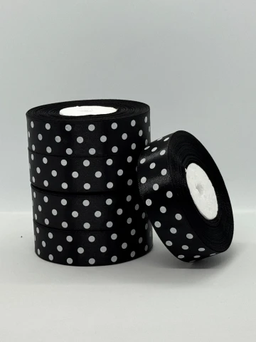 Атласна стрічка в горох 2.5 см (33 м.), 39 чорний + білий