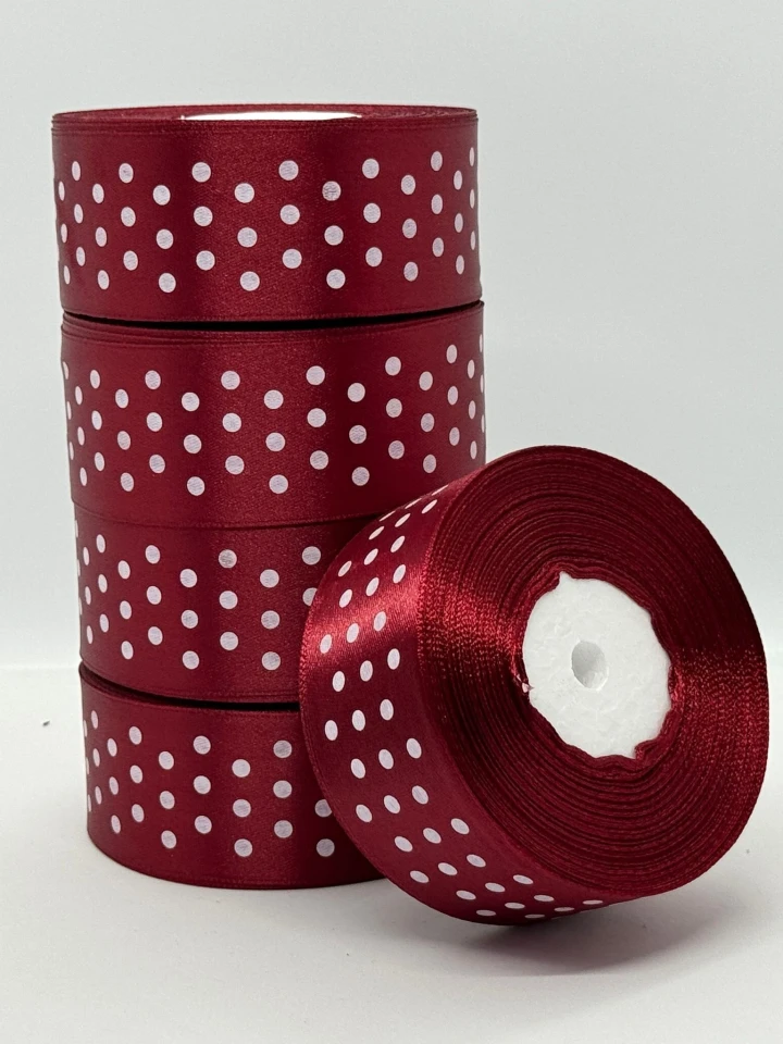 Атласна стрічка в горох 4 см (33 м.), 48 бордовий + білий