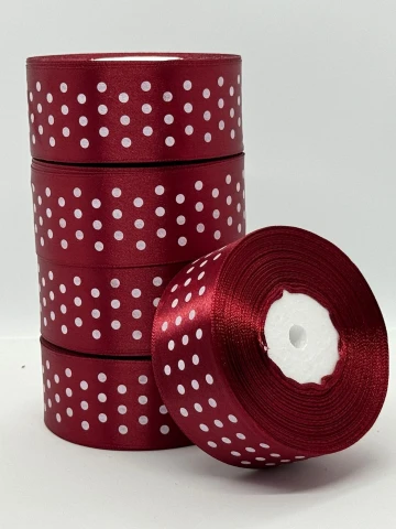 Атласна стрічка в горох 4 см (33 м.), 48 бордовий + білий
