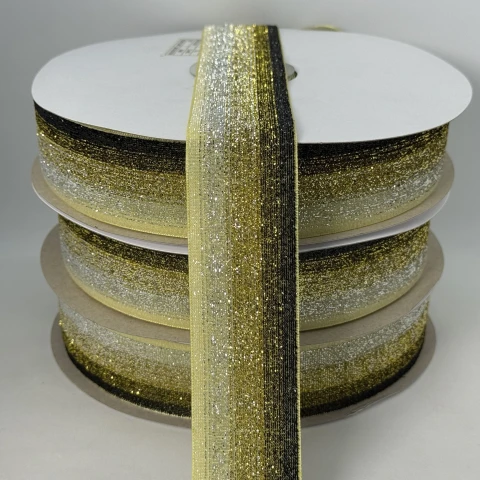 Оксамитова стрічка люрекс 3.8 см (25 ярдів/22,75 м.), 33 жовтий + чорний +золото + срібло
