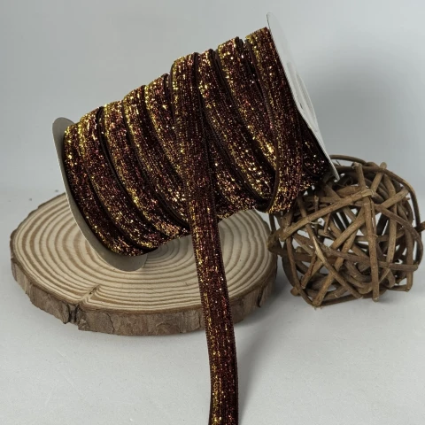 Оксамитова стрічка люрекс 1 см (25 ярдів/22,75 м.), 31 коричневий + золото