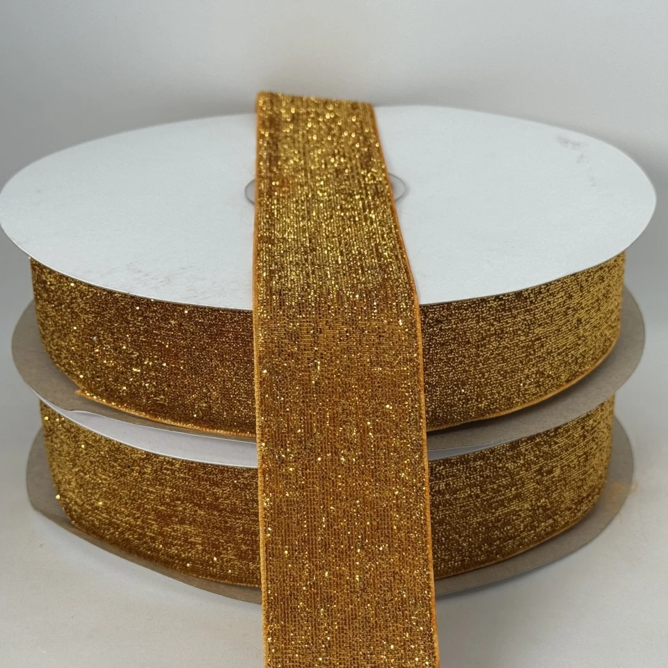 Оксамитова стрічка люрекс 3.8 см (25 ярдів/22,75 м.), 09 темне золото