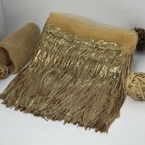 Бахрома танцювальна з паєткою на сітці «Іскри пристрасті» 20 см (9.1 метр), 6 гірчичний