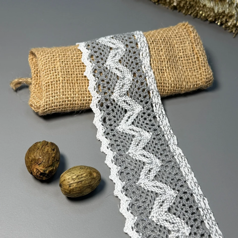 Мереживо макраме "Подих вітру" 6 см (1 м.), сірий+білий