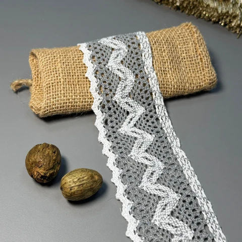 Мереживо макраме "Подих вітру" 6 см (1 м.), сірий+білий