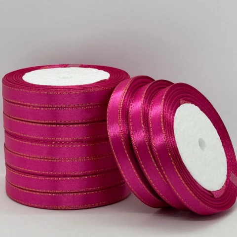 Атласна стрічка з люрекс 1 см+золото (22.75 м), 27 малиновий