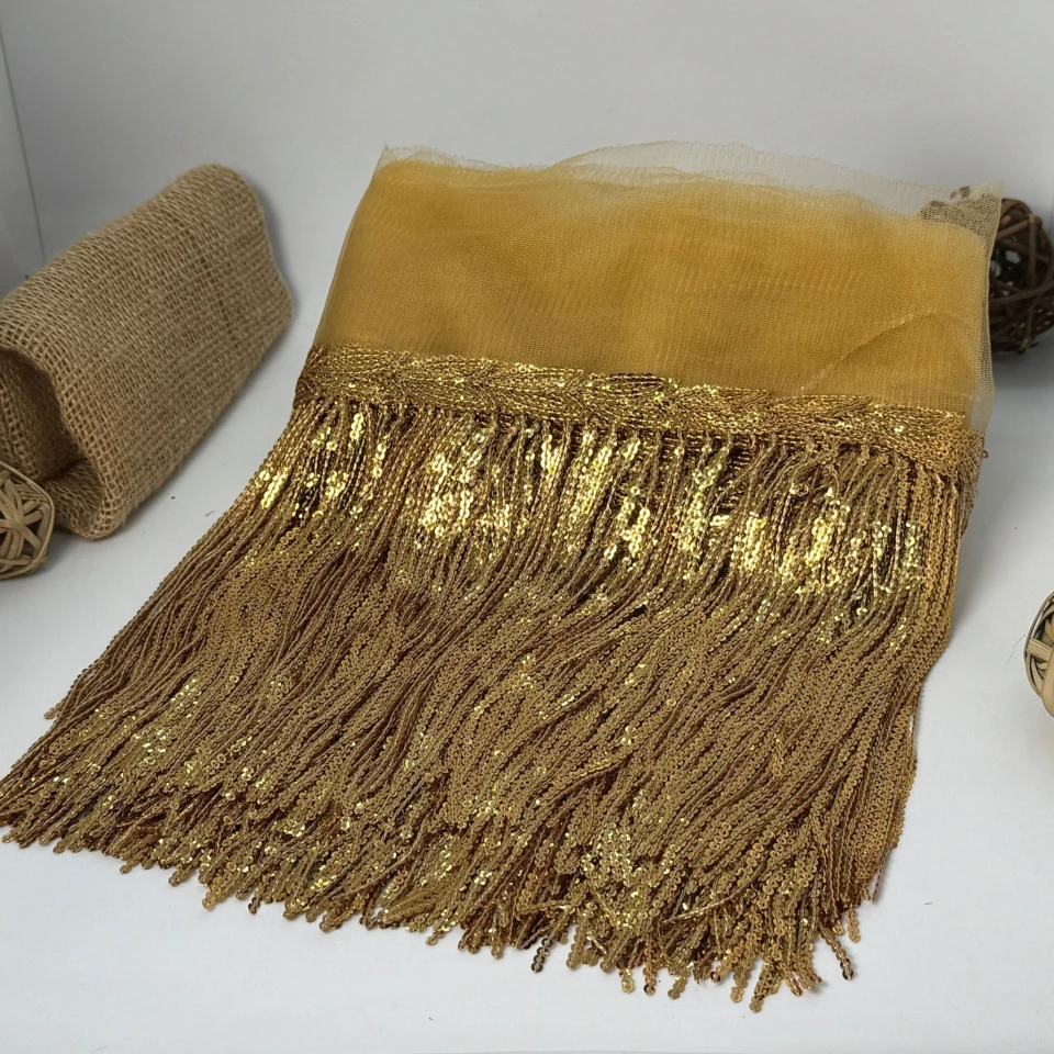 Бахрома танцювальна з паєткою на сітці «Іскри пристрасті» 20 см (9.1 метр), 7 світло коричневий