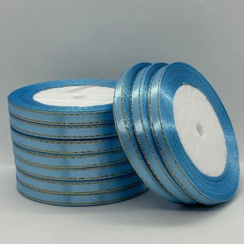 Атласна стрічка з люрекс 0,6 см+золото (22.75 м), 187 блакитний