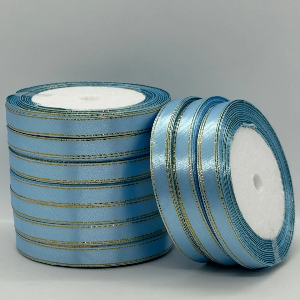 Атласна стрічка з люрекс 1 см+золото (22.75 м), 187 блакитний