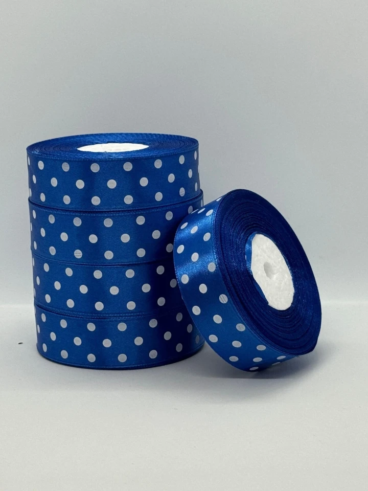 Атласна стрічка в горох 2.5 см (33 м.), 40 електрик + білий