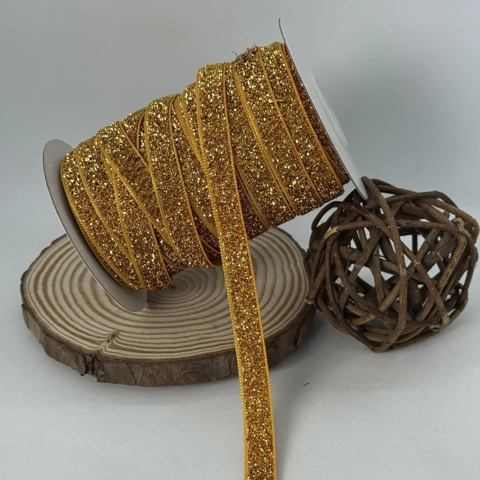 Оксамитова стрічка люрекс 1 см (25 ярдів/22,75 м.), 09 темне золото