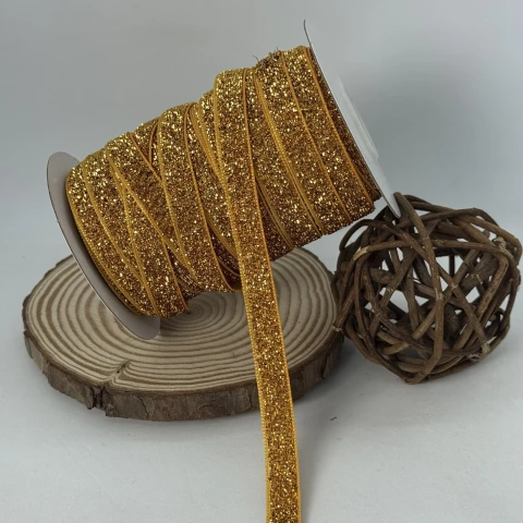 Оксамитова стрічка люрекс 1 см (25 ярдів/22,75 м.), 09 темне золото