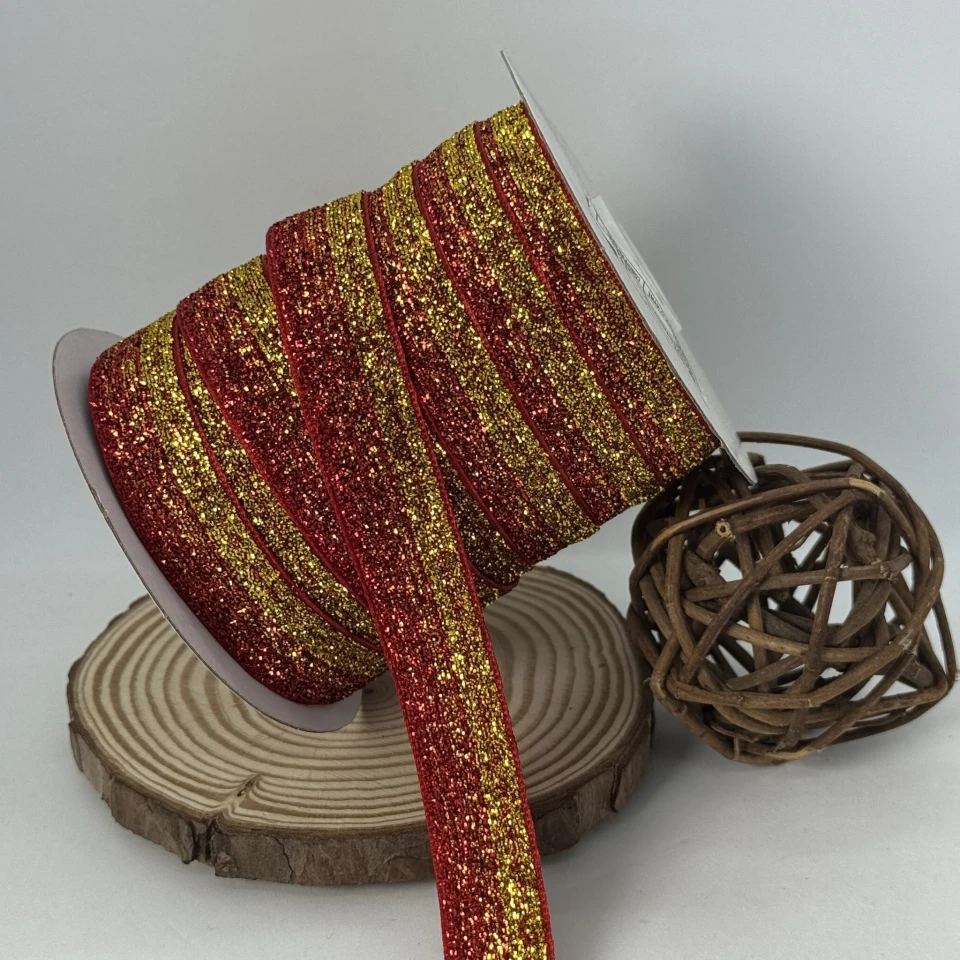 Оксамитова стрічка люрекс 2 см (25 ярдів/22,75 м.), 32 червоний + золото
