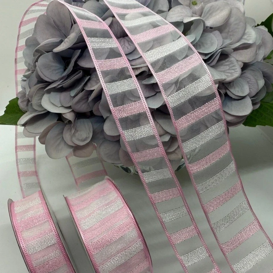 Декоративна стрічка органзова 4 см (18 м.), №14 рожевий+білий