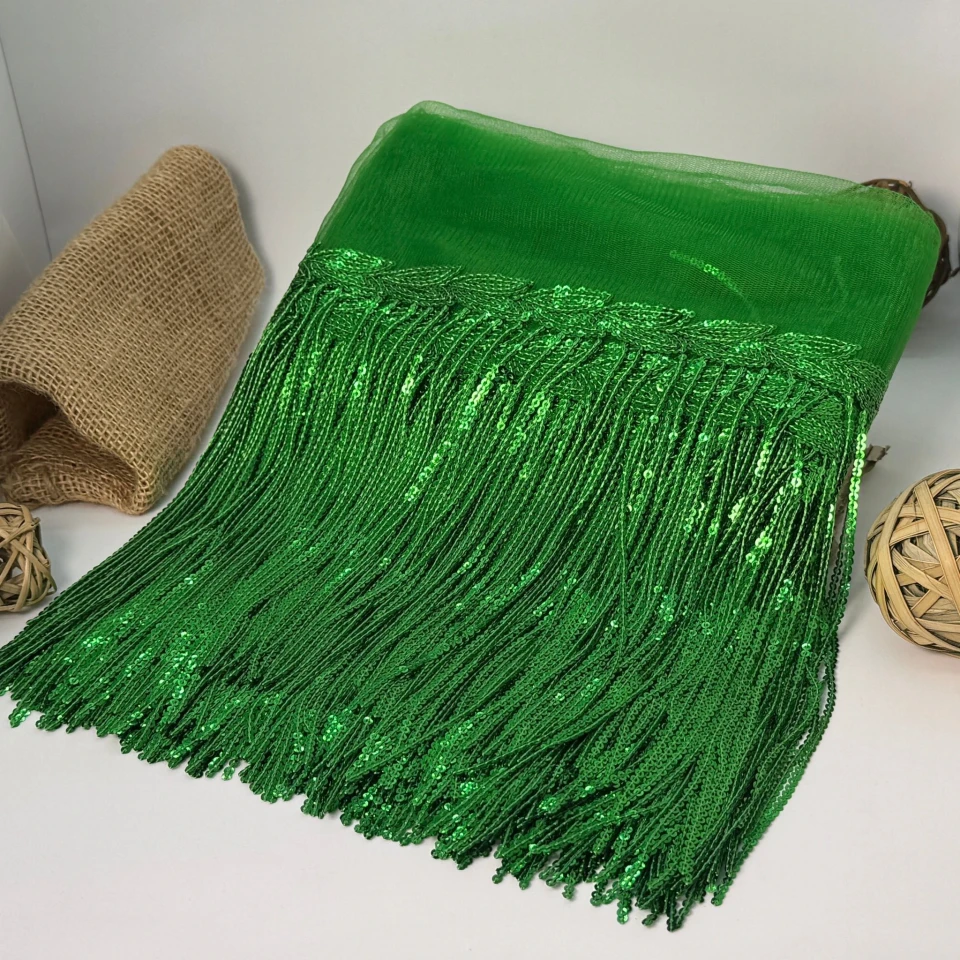 Бахрома танцювальна з паєткою на сітці «Іскри пристрасті» 20 см (9.1 метр), 18 зелений