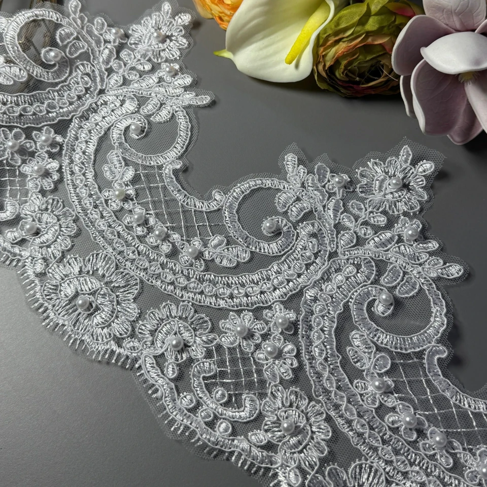 Мережево з кордовую ниткою «Лавандова мрія»+перли  17 см(1 метр), білий