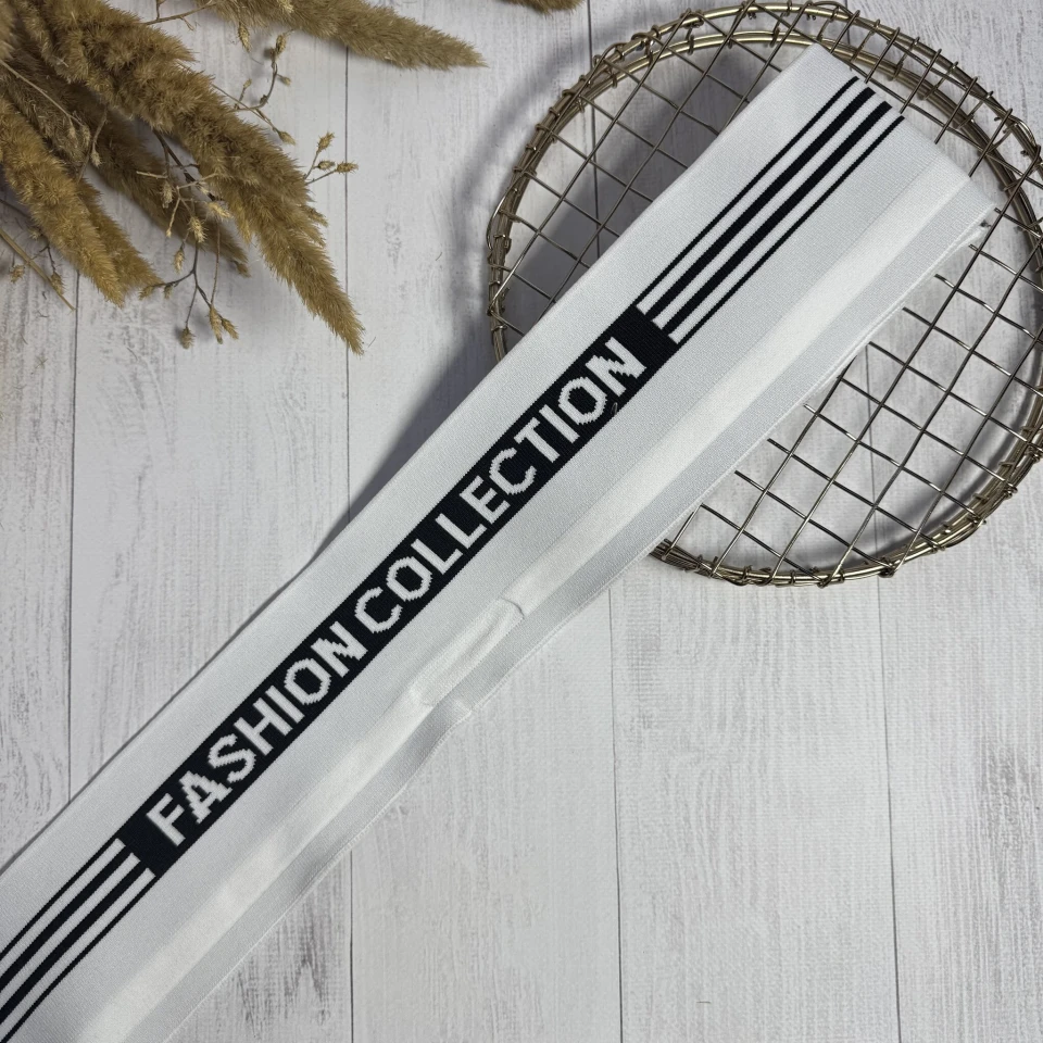 Трикотажний пояс довяз з надписом  FASHION COLLECTION (8.5 см*90 см), білий