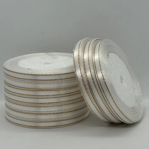 Атласна стрічка з люрекс 0,6 см+золото (22.75 м), айворі (білий)