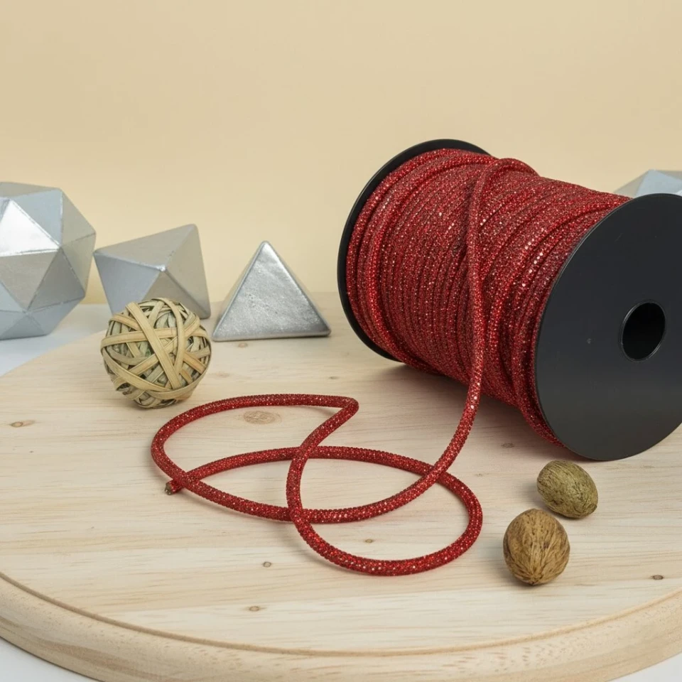 Стразовий шнур 6 мм 8 рядів (50 м), червоний