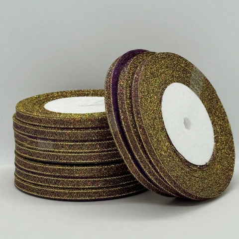 Тасьма парчева 0,6 см (25 ярдів/22,75 м.), 46 баклажан + золото
