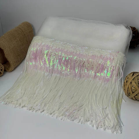 Бахрома танцювальна з паєткою на сітці «Іскри пристрасті» 20 см (9.1 метр), 32 білий перламутр