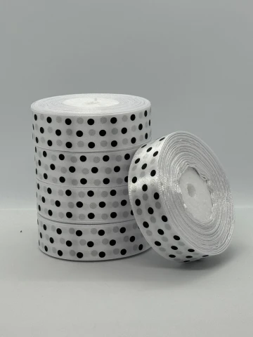 Атласна стрічка в горох 2.5 см (33 м.), 01 білий + чорний