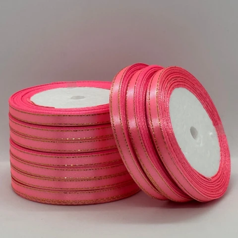 Атласна стрічка з люрекс 0,6 см+золото (22.75 м), 05 рожевий