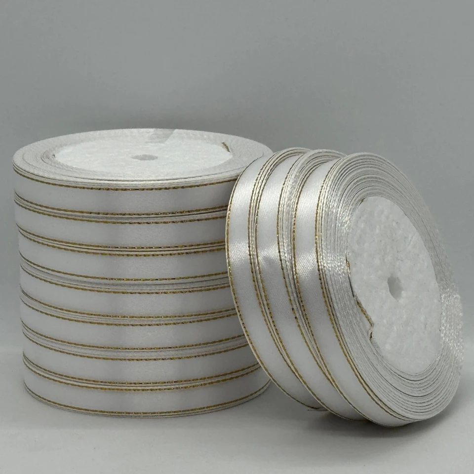 Атласна стрічка з люрекс 1 см+золото (22.75 м), 01 білий