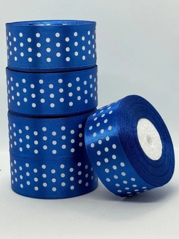 Атласна стрічка в горох 4 см (33 м.), 40 електрик + білий