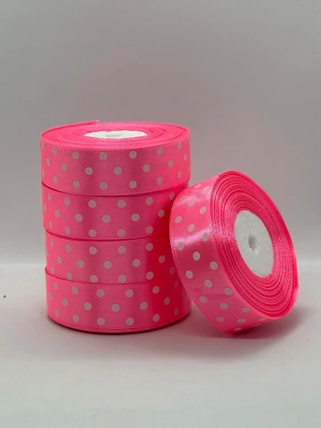 Атласна стрічка в горох 2.5 см (33 м.), 05 рожевий + білий