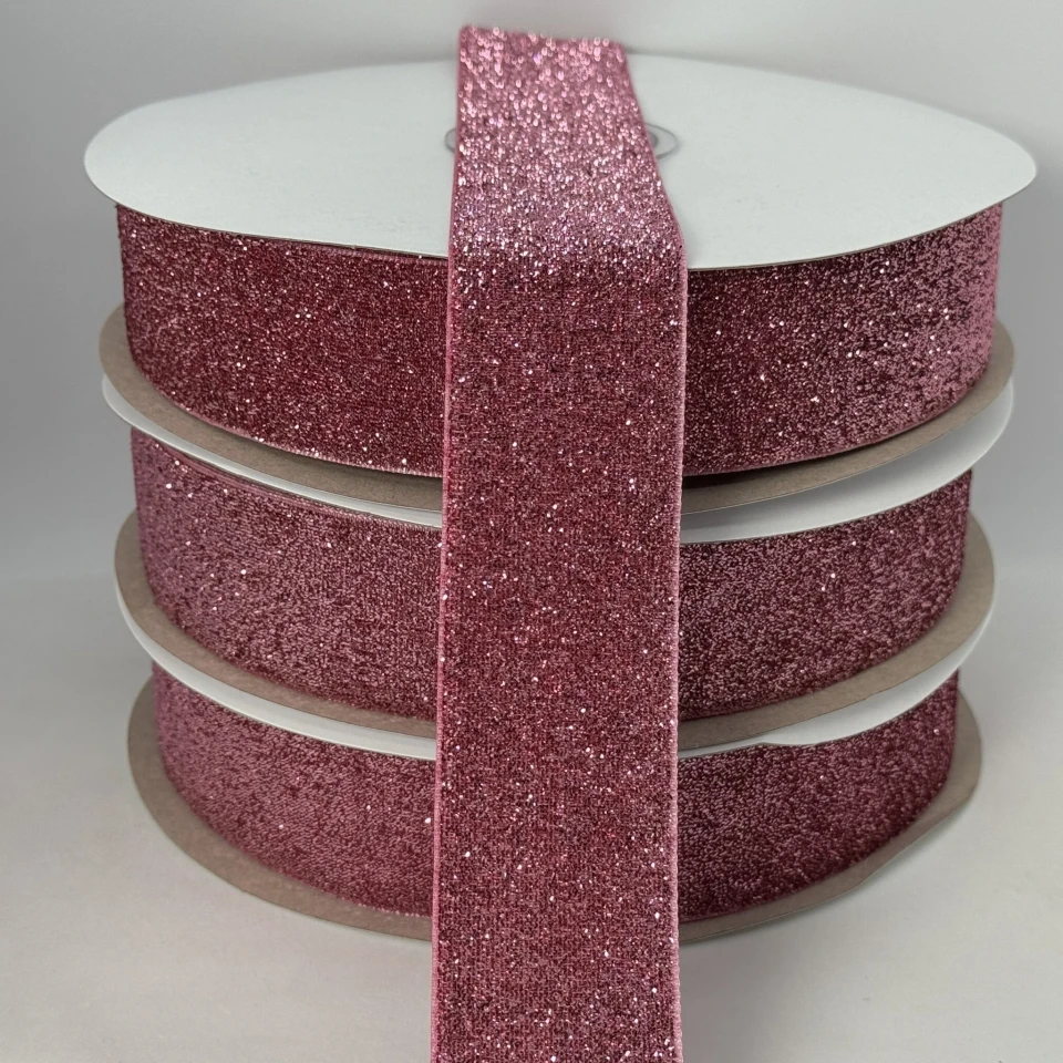Оксамитова стрічка люрекс 3.8 см (25 ярдів/22,75 м.), 18 рожевий