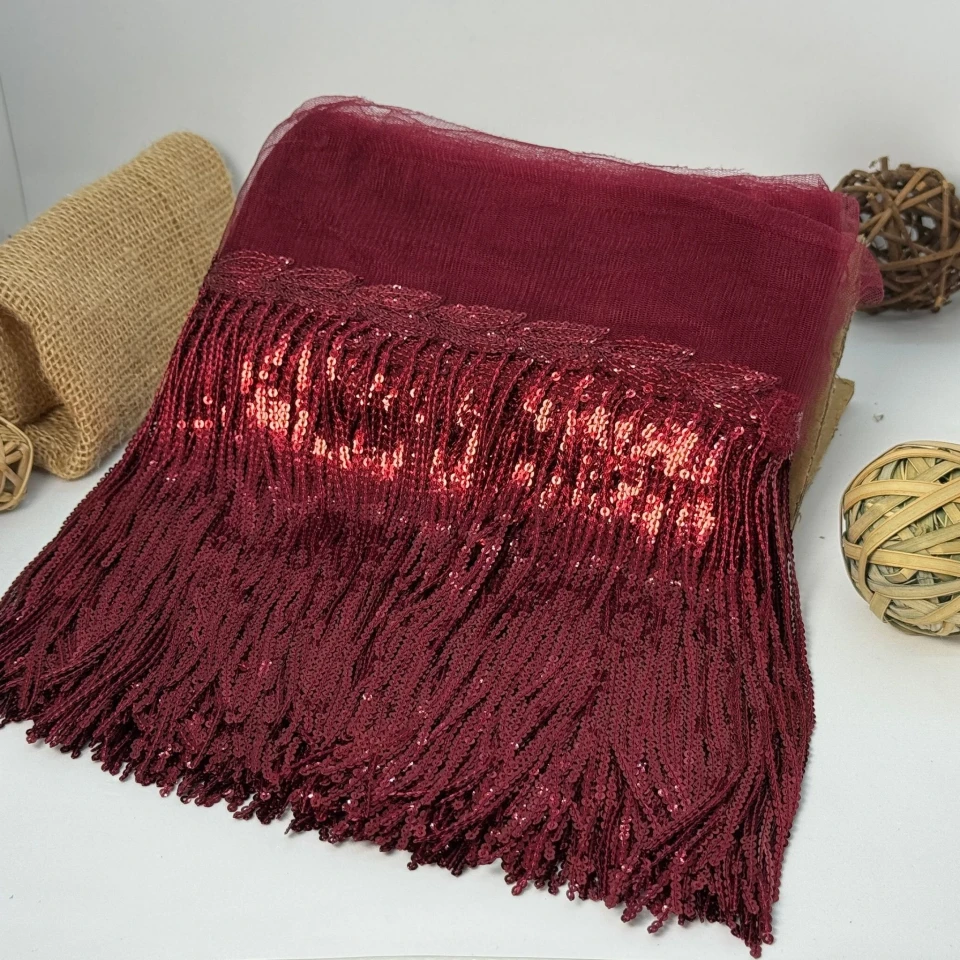 Бахрома танцювальна з паєткою на сітці «Іскри пристрасті» 20 см (9.1 метр), 10 бордовий