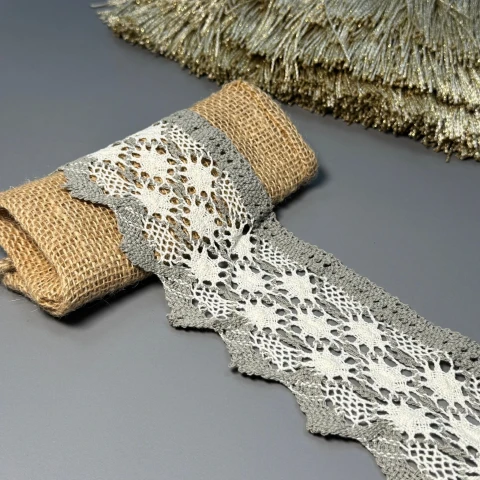 Мереживо макраме "Весняна хвиля"8,5 см.(1 м), сірий+бежевий