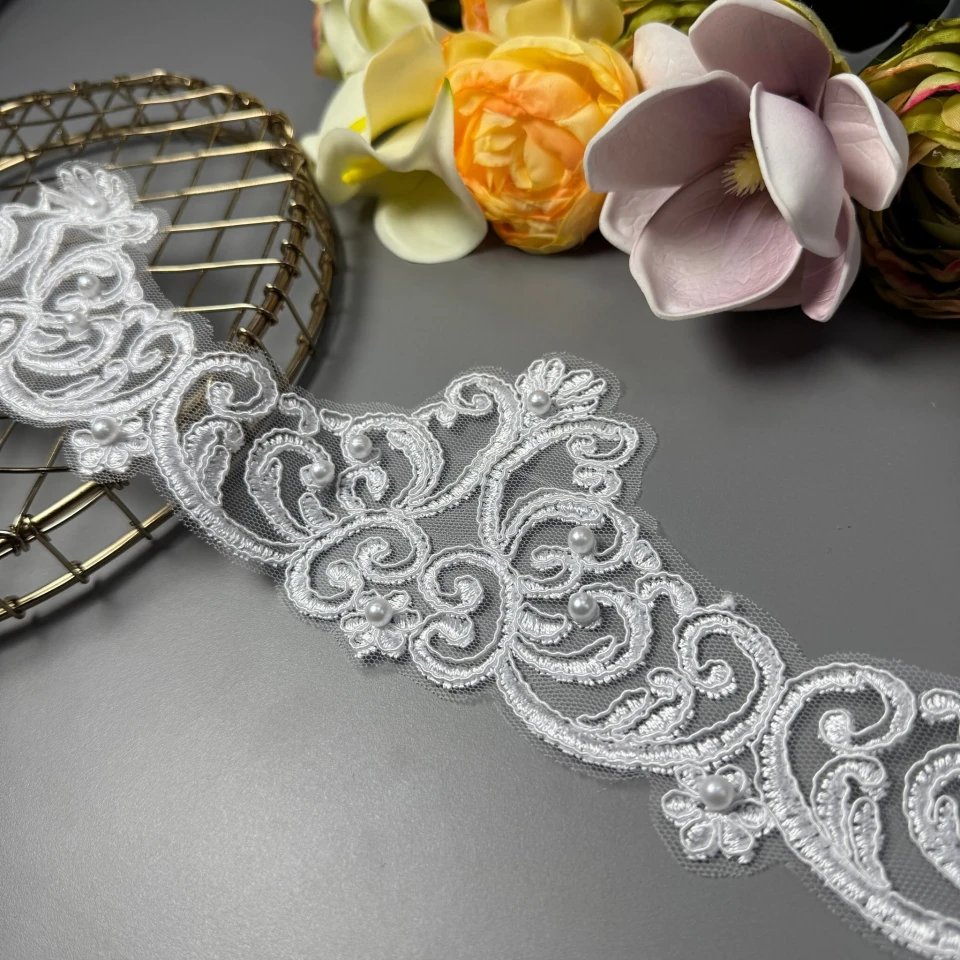 Мережево з кордовую ниткою «Фуксія світанку»А+перли 10 см (1 метр), білий