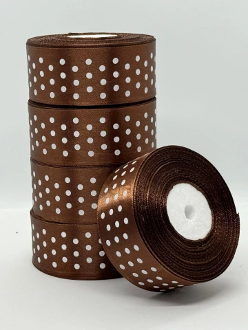 Атласна стрічка в горох 4 см (33 м.), 32 коричневий + білий