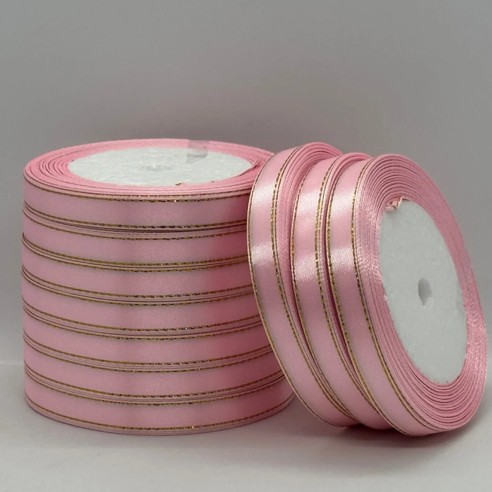 Атласна стрічка з люрекс 1 см+золото (22.75 м), 04 світло рожевий