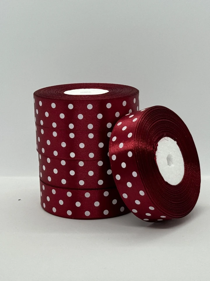 Атласна стрічка в горох 2.5 см (33 м.), 48 бордовий + білий
