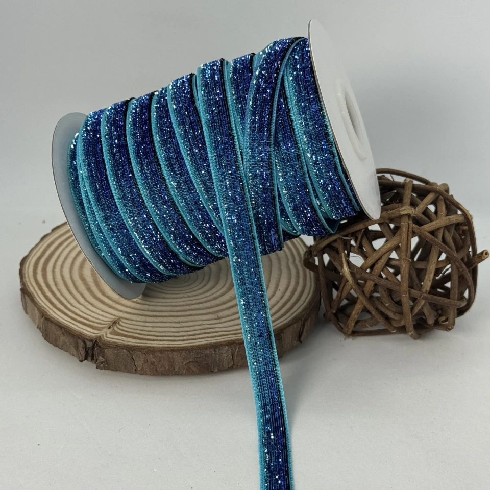 Оксамитова стрічка люрекс 1 см (25 ярдів/22,75 м.), 36 синій + бірюза