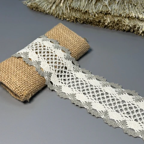 Мереживо макраме "Перлинна нитка" 7.5 см (1 м.), сірий+бежевий