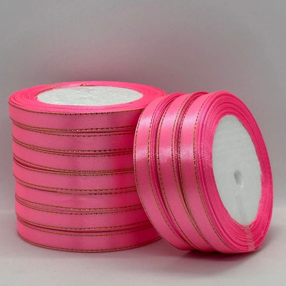 Атласна стрічка з люрекс 1 см+золото (22.75 м), 05 рожевий