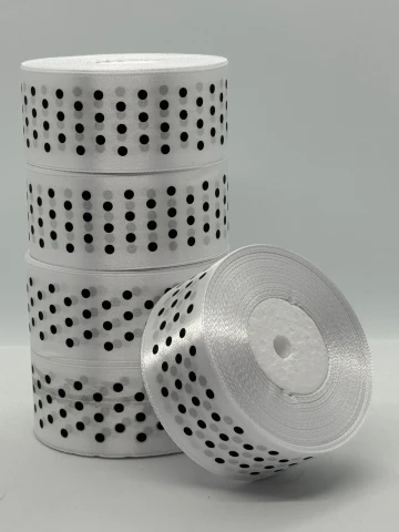 Атласна стрічка в горох 4 см (33 м.), 01 білий + чорний