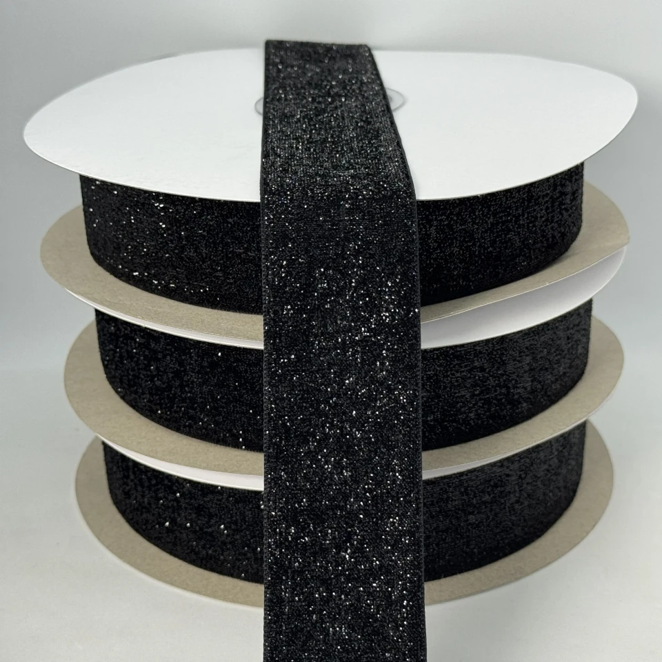 Оксамитова стрічка люрекс 3.8 см (25 ярдів/22,75 м.), 08 чорний