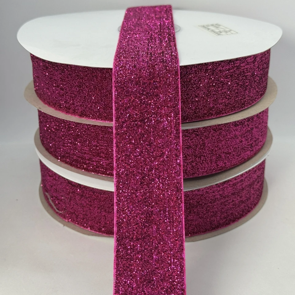 Оксамитова стрічка люрекс 3.8 см (25 ярдів/22,75 м.), 23 малиновий