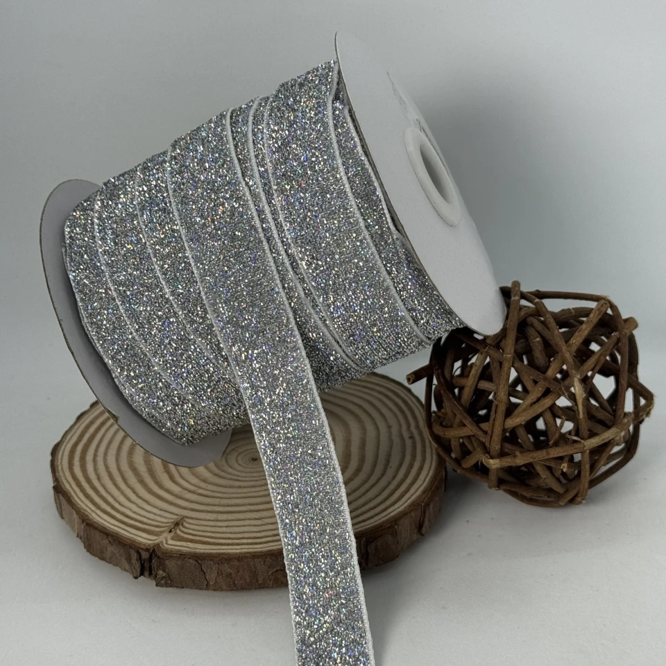 Оксамитова стрічка люрекс 2 см (25 ярдів/22,75 м.), 30 срібро АВ