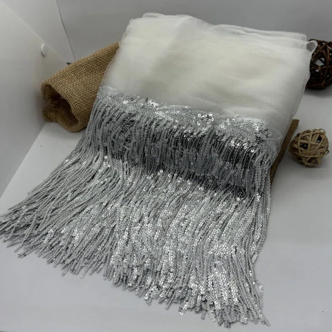Бахрома танцювальна з паєткою на сітці «Іскри пристрасті» 20 см (9.1 метр), 2 срібло