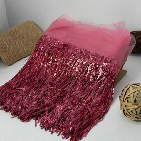 Бахрома танцювальна з паєткою на сітці «Іскри пристрасті» 20 см (9.1 метр), 12 темний рожевий