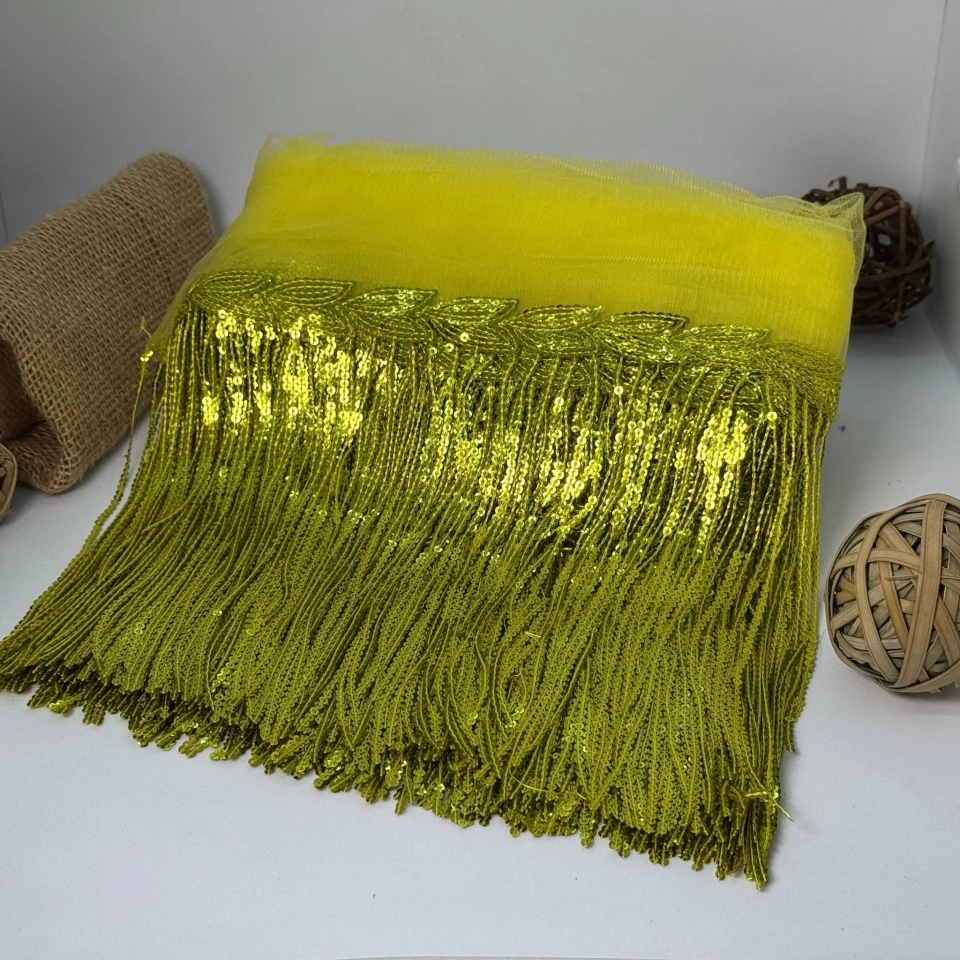 Бахрома танцювальна з паєткою на сітці «Іскри пристрасті» 20 см (9.1 метр), 27 лайм